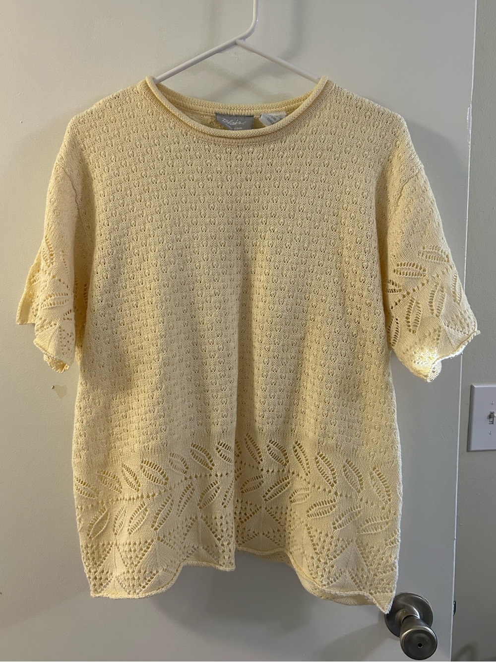 Vintage Cream Crochet Knit Short Sleeve Top - Women's from Blair